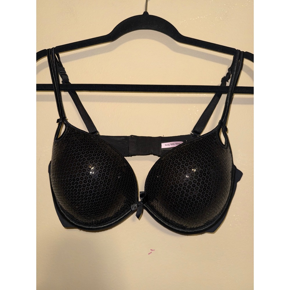 Victorias Secret Sexy Little Things Black Sequin Push Up Bra 38D Underwire Glam